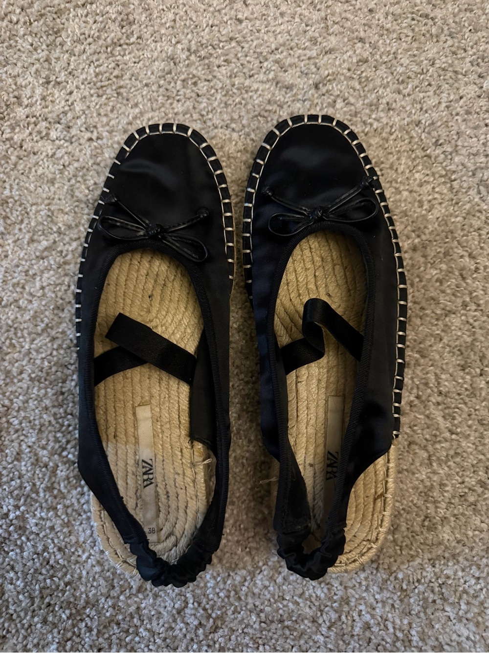 ZARA Black Espadrille-Style Ballet Flats with Bow Detail